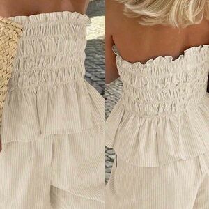 Smocked Peplum Stripe Matching Set in Cream and Tan